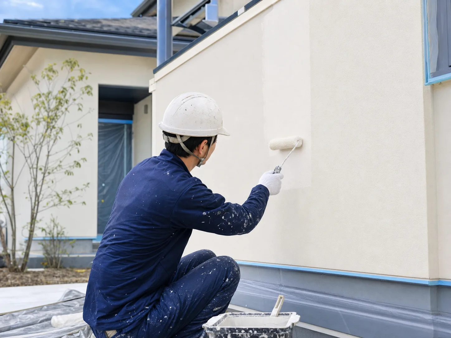 住宅外壁を丁寧に塗装する職人のイメージ