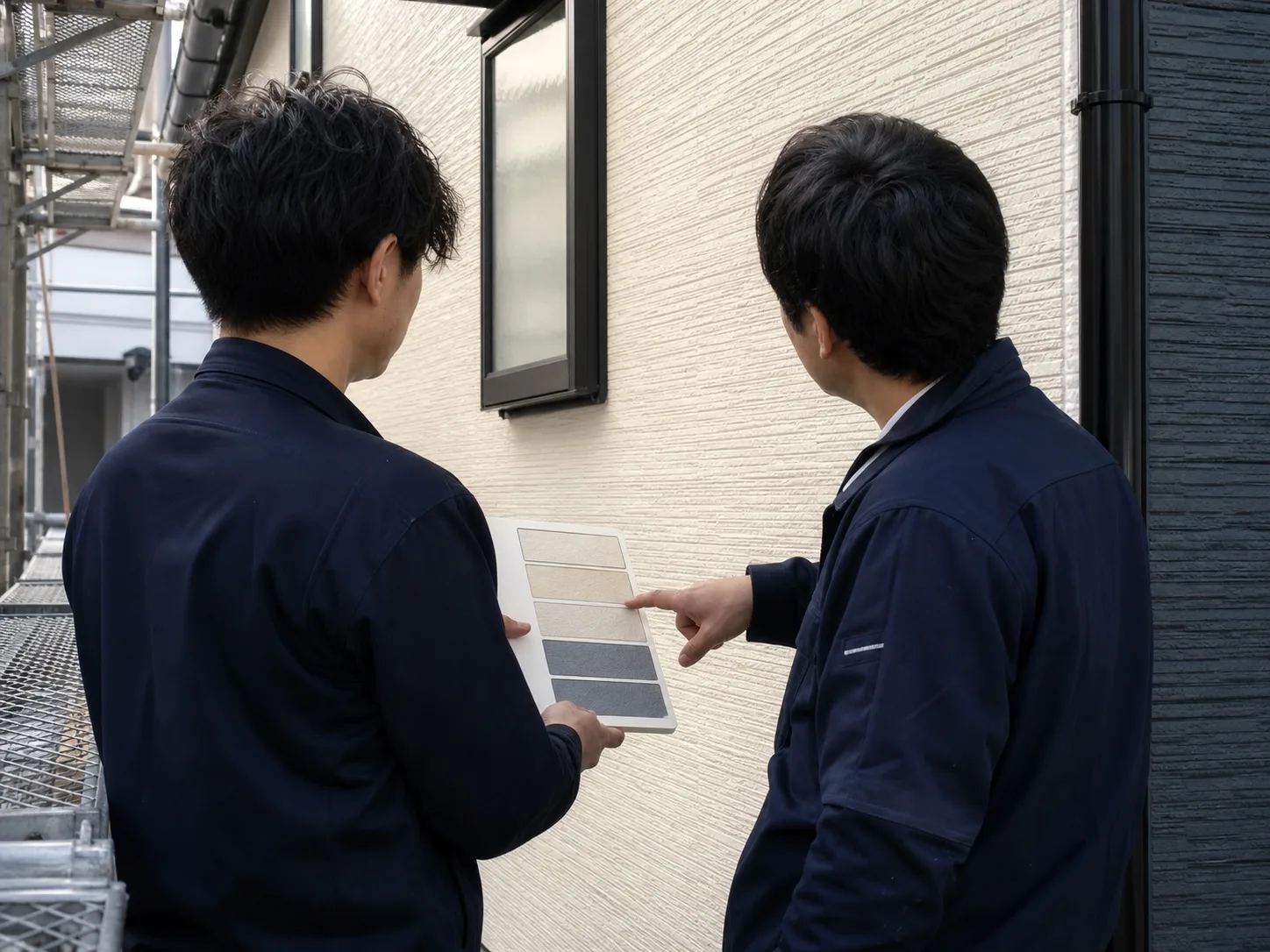 塗装の仕上がりと色見本を確認する職人のイメージ